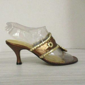 JACK ROGERS BRONZE/GOLD METALLIC TOE THONG SANDALS 3" HEEL